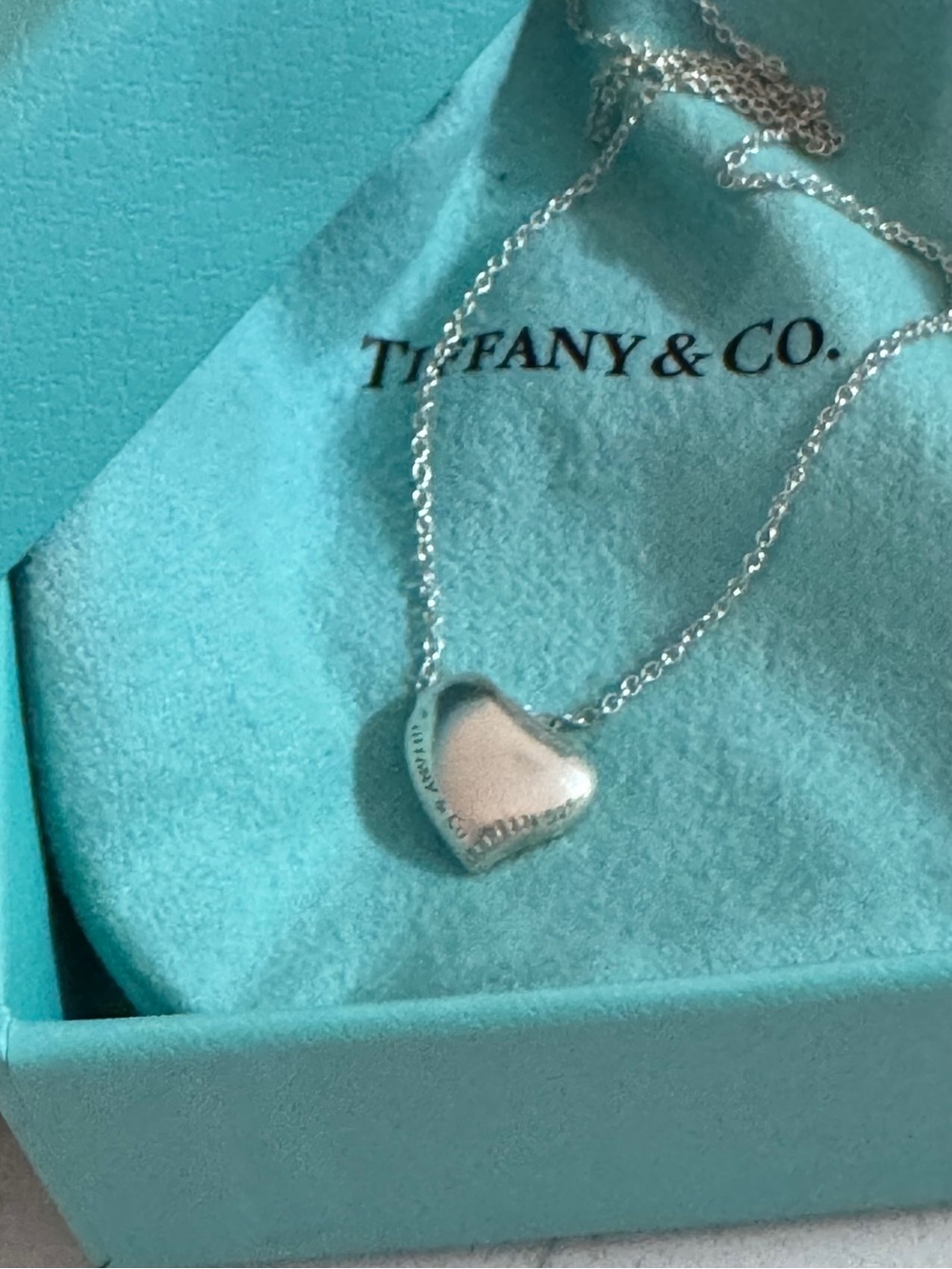 Tiffany & Co. Sterling Silver full  Heart Pendant Necklace - w/ pouch , box .